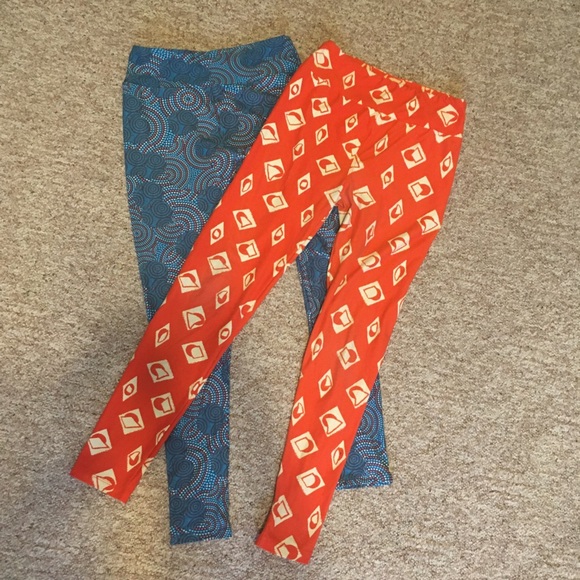 Lularoe blue patterned and orange leggings. - Picture 1 of 3